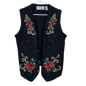 Vintage Sarah Bentley Poinsettia Embroidered Beaded Christmas Vest - Size Large